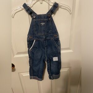 Osh Kosh Denim overalls with patches and spell out